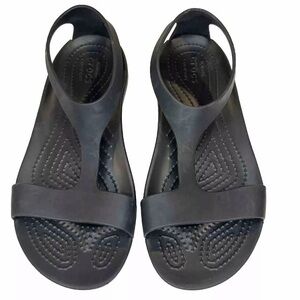 Crocs Women's Size W 5 Black Serena Sandals T-Strap Flat Slip On Rubber